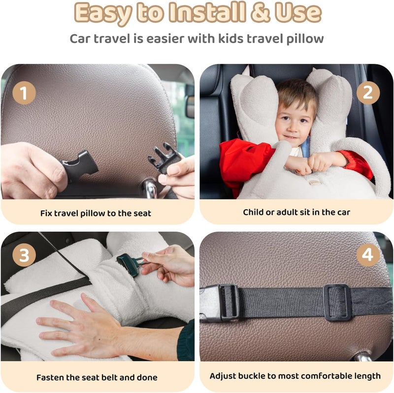 FLORICH Kids Travel Pillow, Car Sleeping Travel Pillow for Kids, Removable H-Shaped Pillow for Adults and Children to Support Head and Body Road Trips with Neck Pillow and Blanket (Beige White) - Image 4